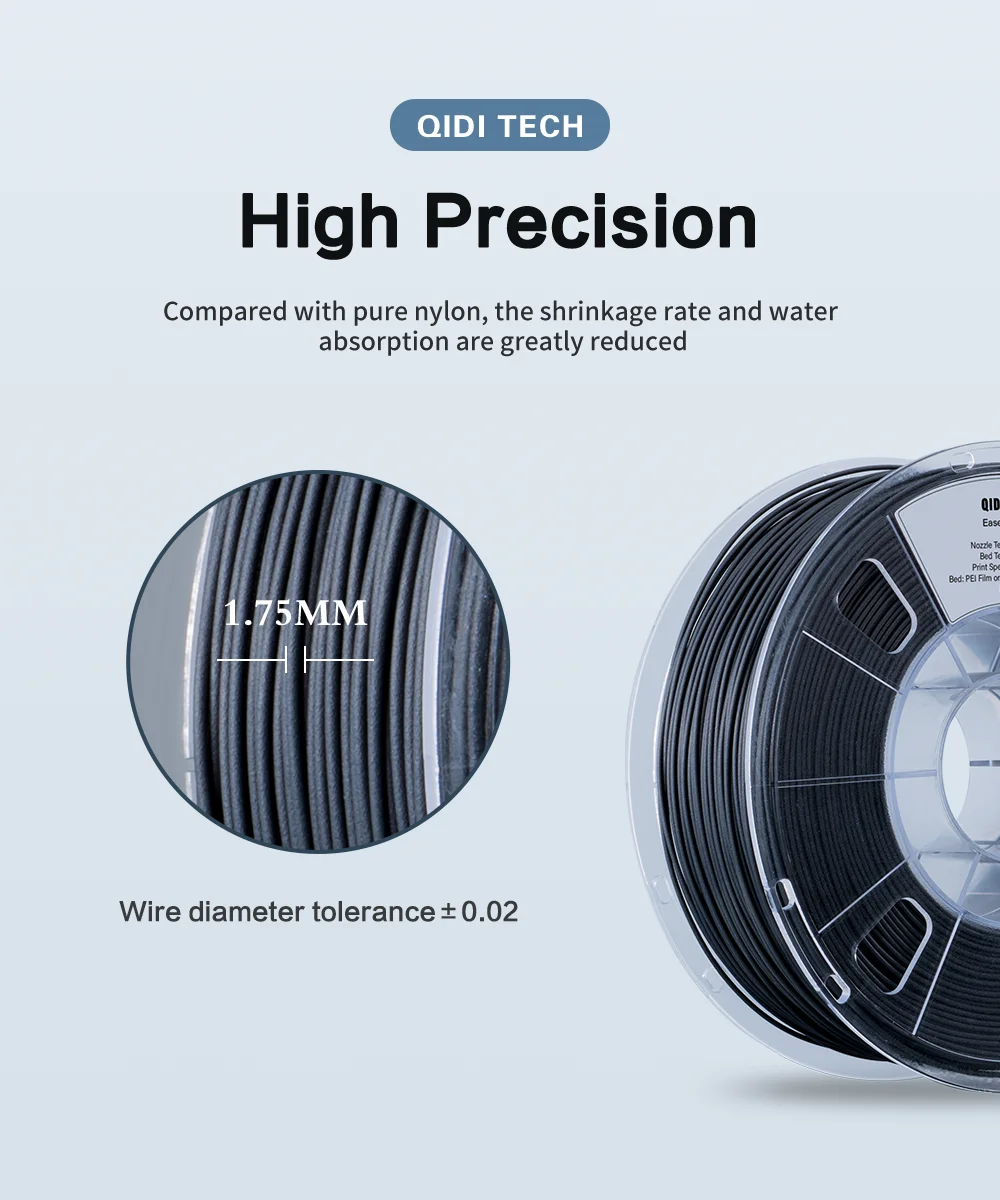 QIDI TECH Carbon Fiber Filled Nylon Filament PA12-CF1.75mm Black 1Kg Spool 3D Printing Filament for 3D Printer