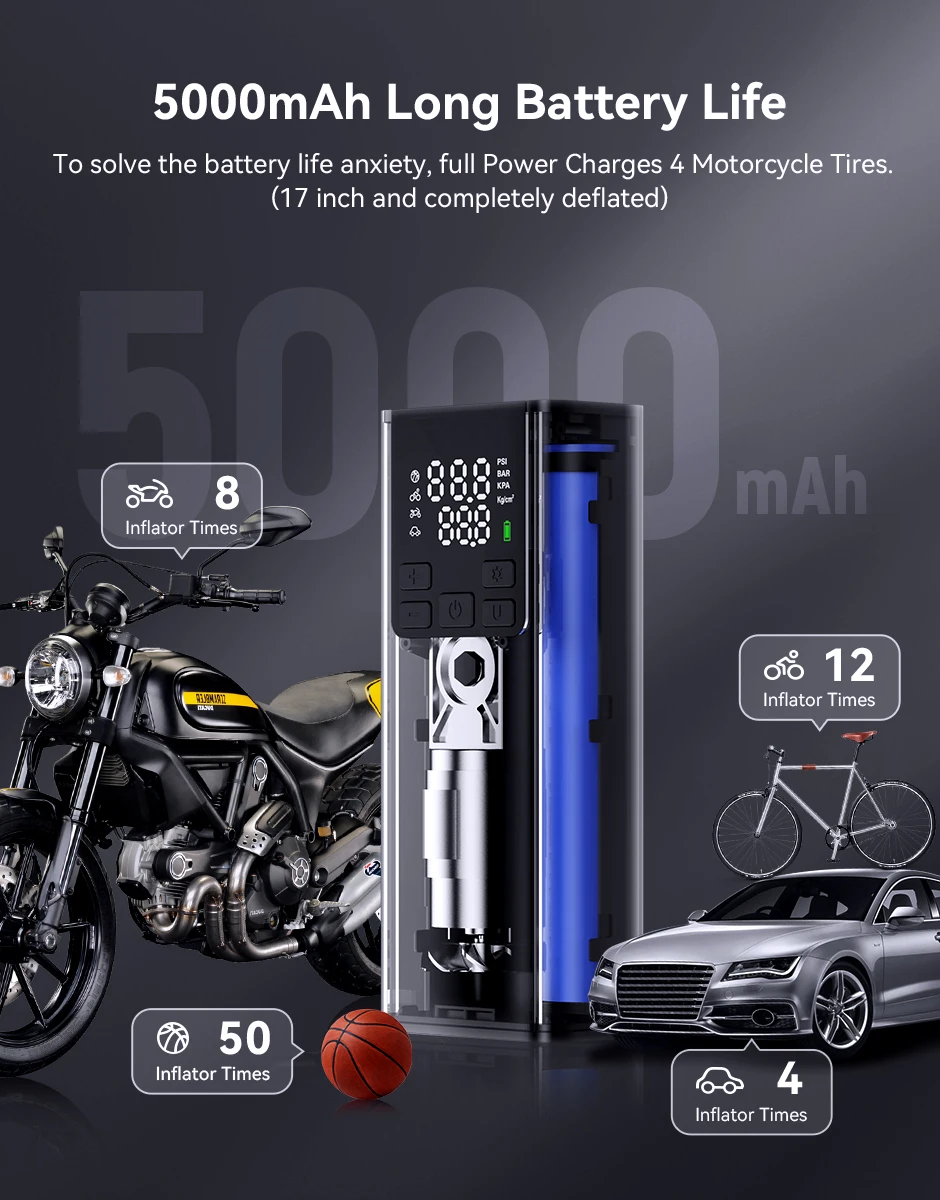 Lexin P5 Smart Air Pump 5000mAh for Motorcycles Tire Inflator Bicycle Boat with LED Digital&Preset Pressure Inflation