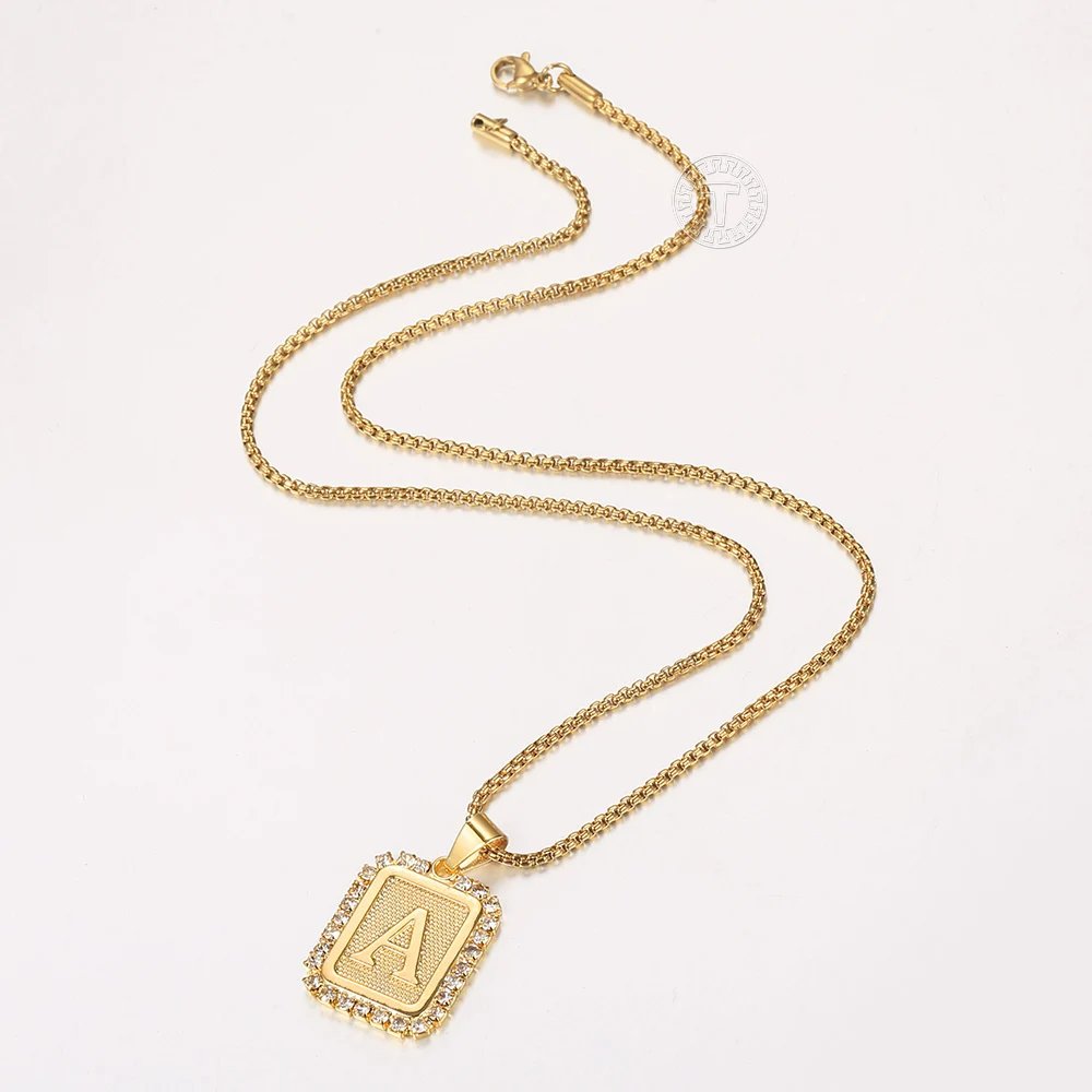 26 Letters Necklace Crystal Rhinestone Square Pendant Box Chain for Women Men A - Z Initia Name Jewelry Gift Wholesale GP441B