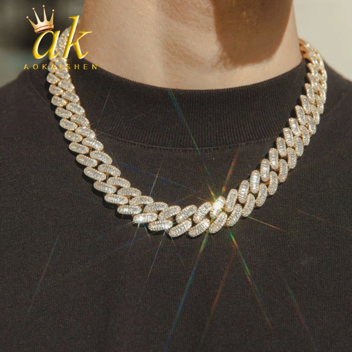 Aokaishen Baguette Miami Cuban Link Chain for Men Neckace Choker Real Gold Plated Hip Hop Fashion Jewelry