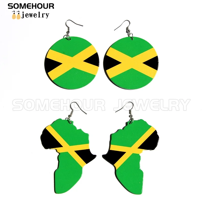 SOMEHOUR Jamaica Country Flag Print African Map Wooden Drop Earrings Trendy Loops Pendant Dangle Jewelry For Black Woman Gifts