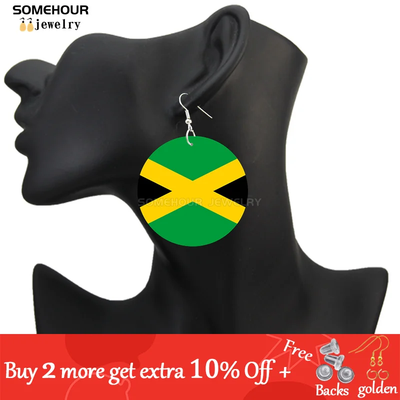 SOMEHOUR Jamaica Country Flag Print African Map Wooden Drop Earrings Trendy Loops Pendant Dangle Jewelry For Black Woman Gifts