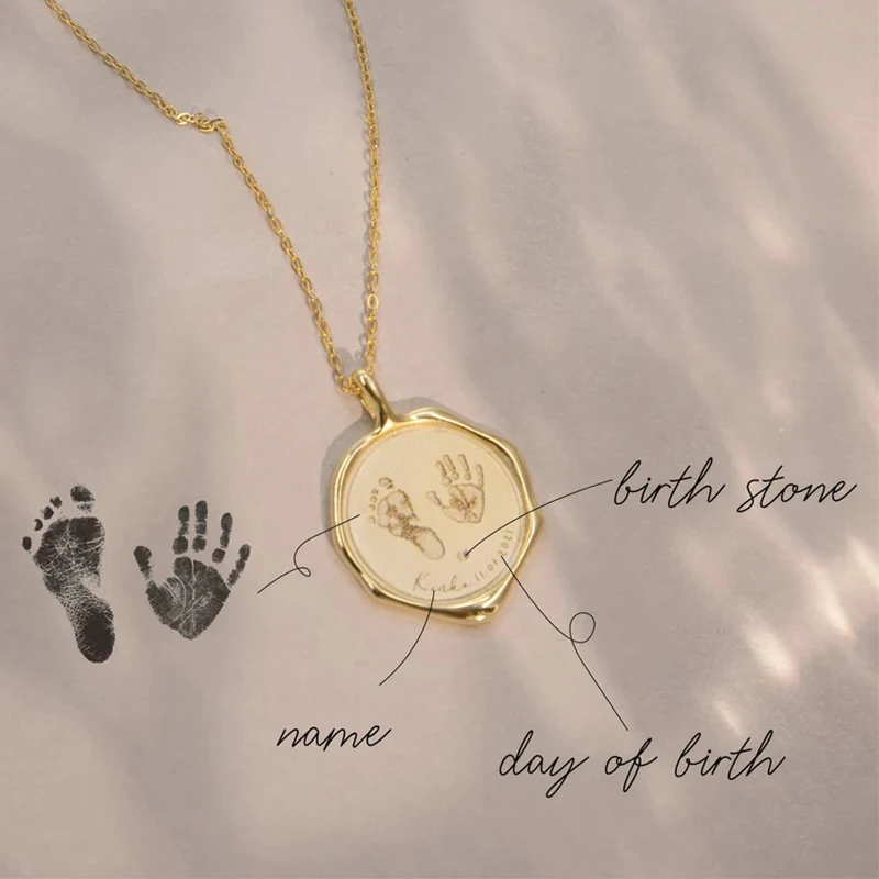 Custom Newborn Footprint Necklace Gold Stainless Steel Birthstone Pendant Personalized Mothers Handprint Kids New Mom Jewelry