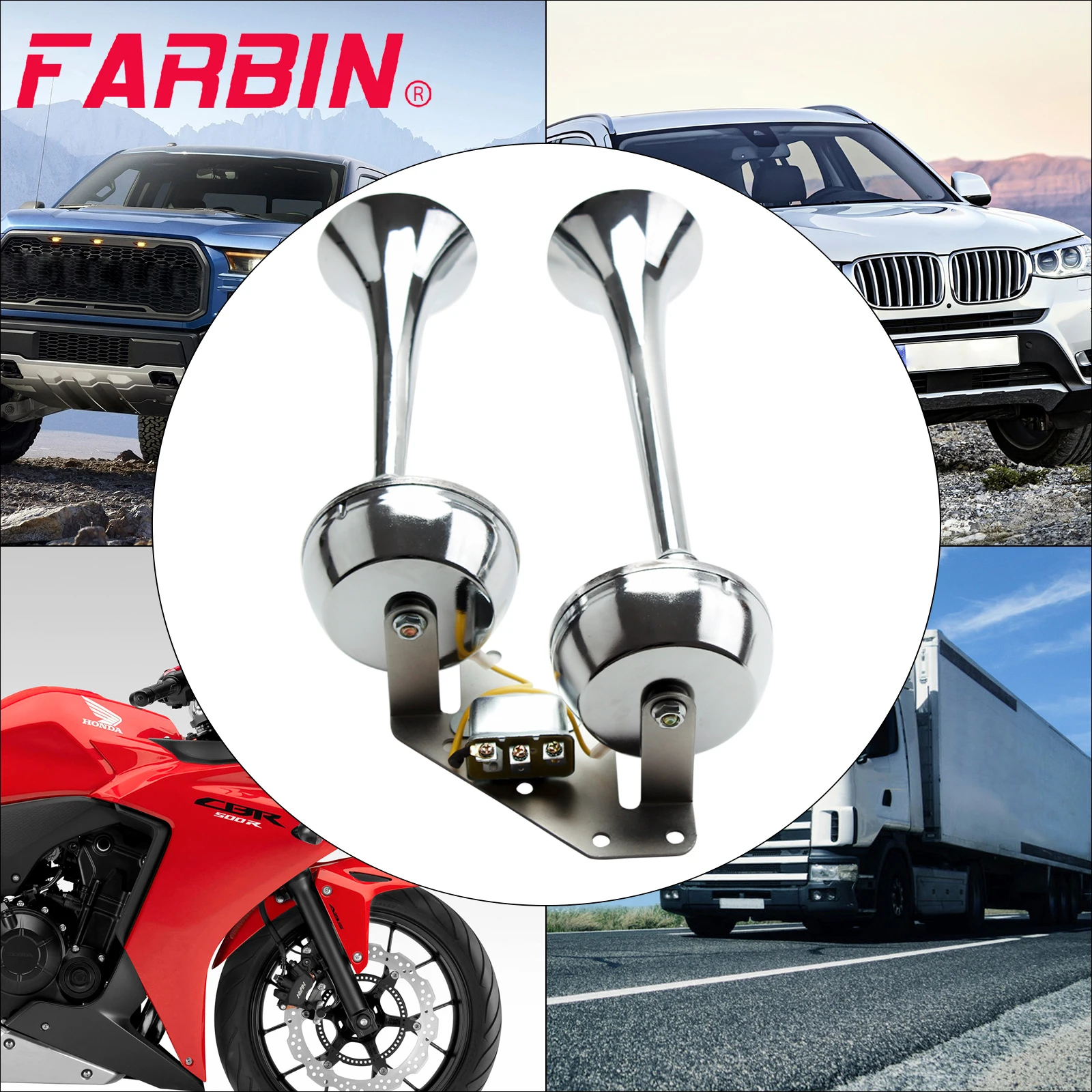 FARBIN 12V Super Loud Marine Boat Metal Dual Trumpet Electric Horn For Ship Sailboat Yacht Car Trucks Car Accessory Suit