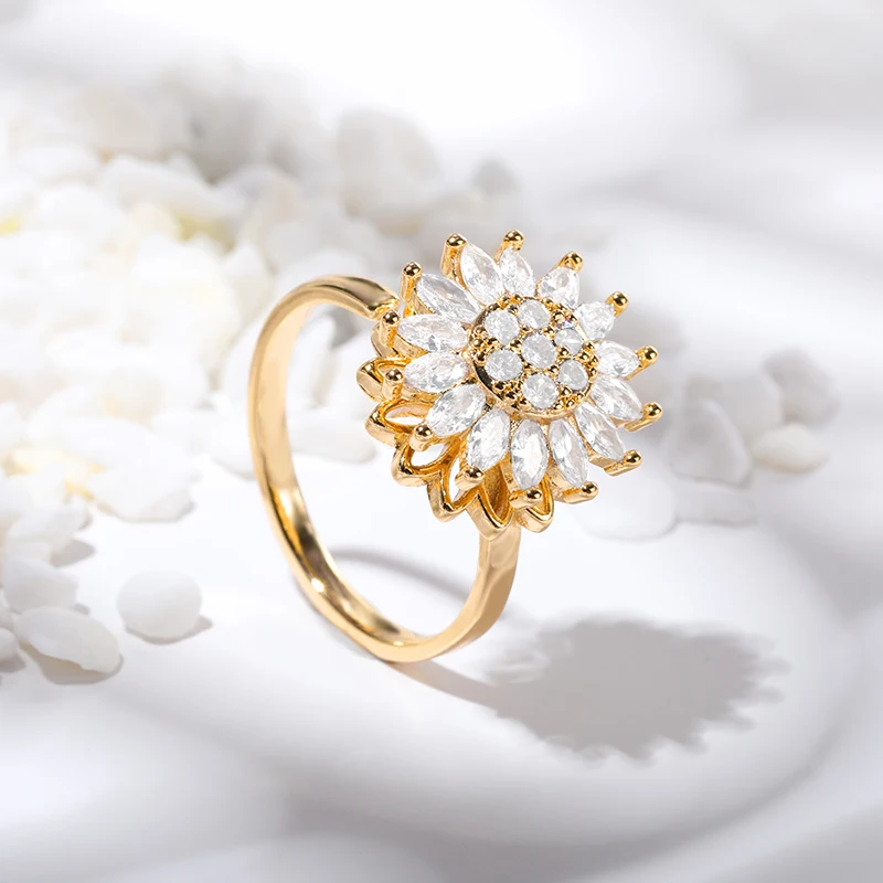 Luxury Crystal Snowflake Rings For Women Rotatable Fidget Anxiety Adjustable Ring Anti Stress Fashion Jewelry Gifts