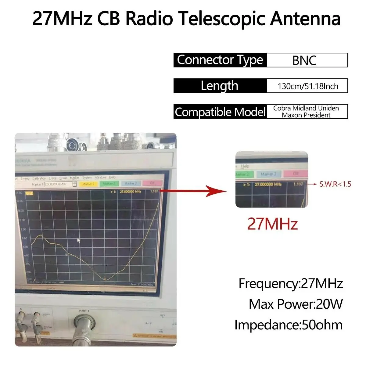 27Mhz BNC Telescopic 23/130cm Antenna for Cobra Midland Uniden Maxon President Anytone Handheld/Portable CB Radio Accessories