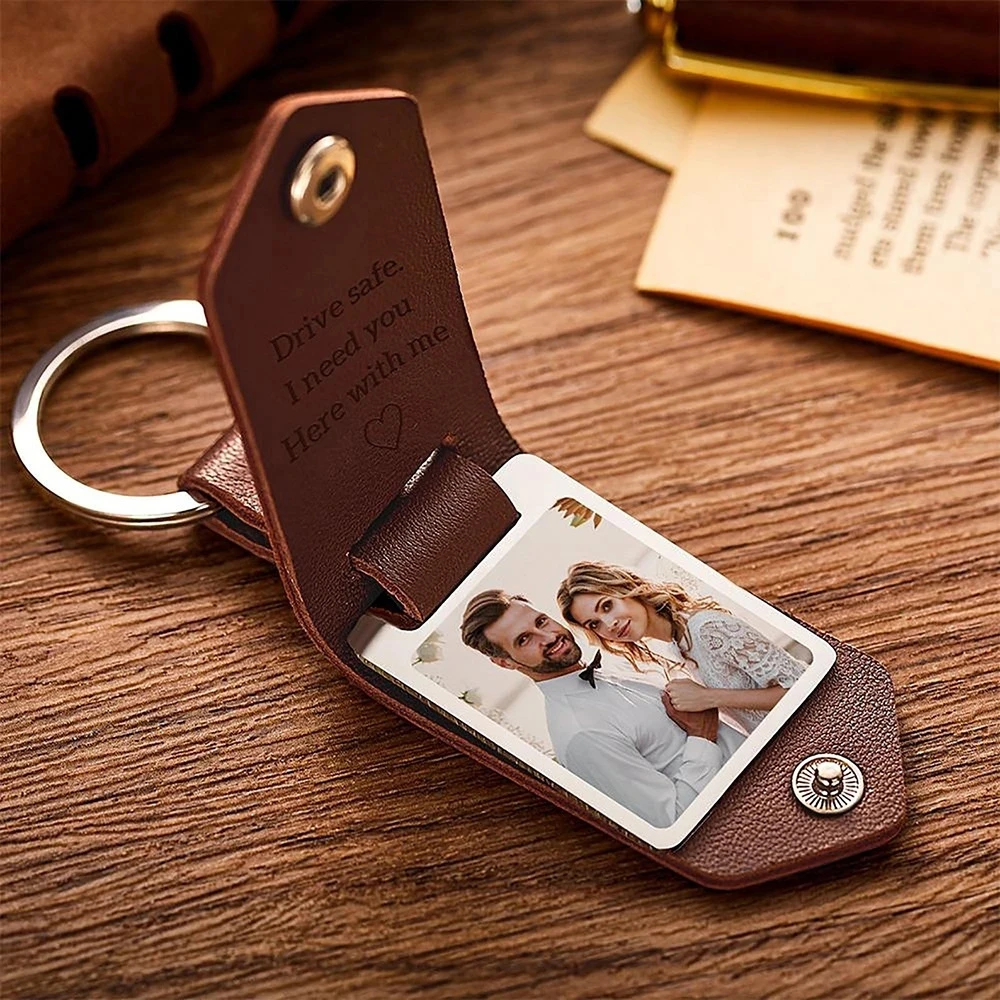 Customized Photo Leather Keychain Stainless Steel Personalized UV Color Printing Picture Jewelry Fashion Father Gifts Engraving