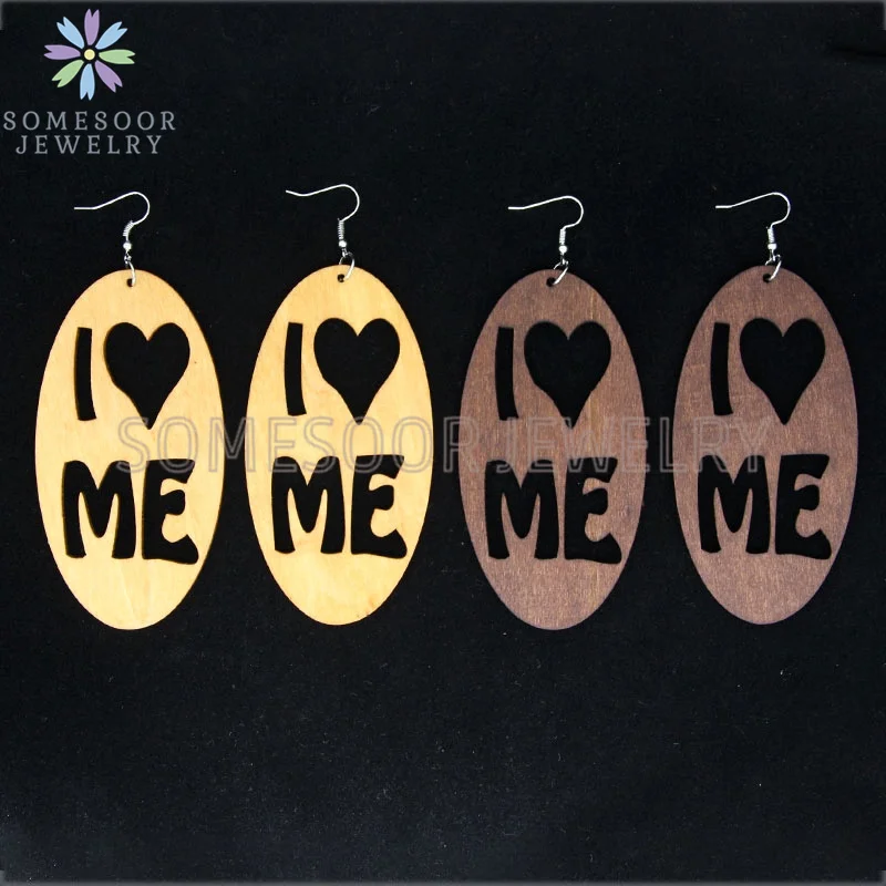 SOMESOOR Laser Cutting I Love Me Wooden Drop Earrings For Women Gifts Engraved Words Sayings Handmade Wood Craft Pendant Dangle