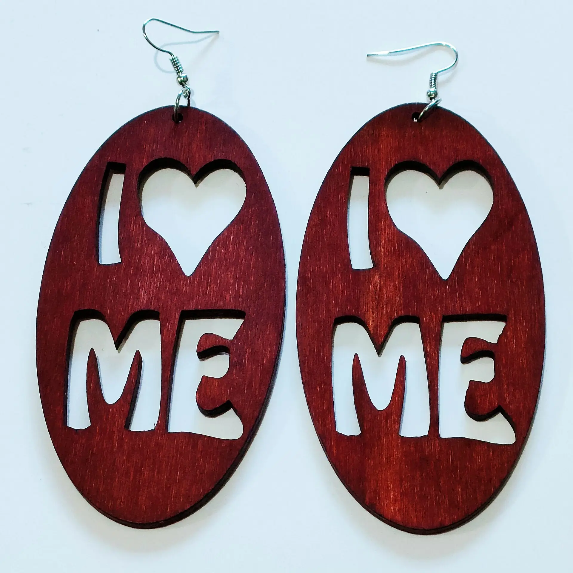 SOMESOOR Laser Cutting I Love Me Wooden Drop Earrings For Women Gifts Engraved Words Sayings Handmade Wood Craft Pendant Dangle