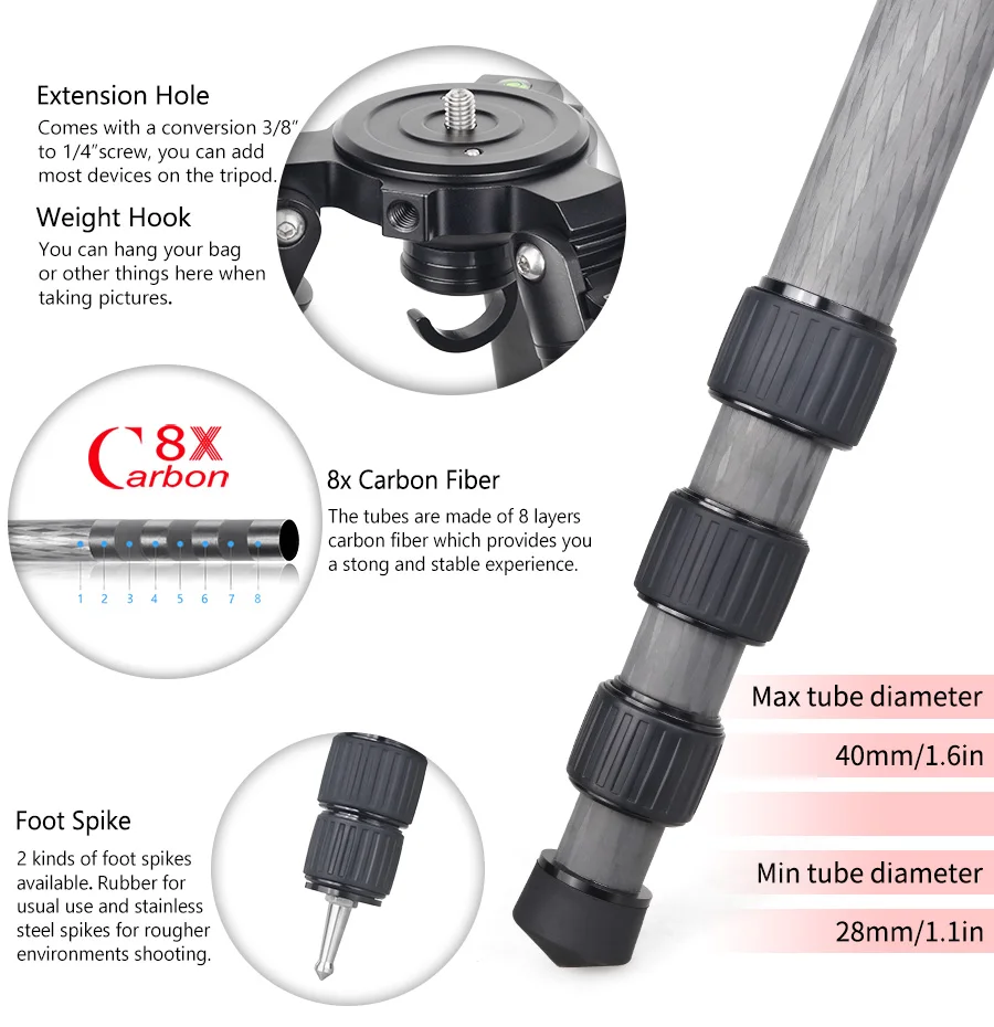 GEEHOPE B560C Professional Heavy Carbon Fiber Camera Tripod Super Stable Top Bird Watching Bracket 40mm Tube 30kg Max Load
