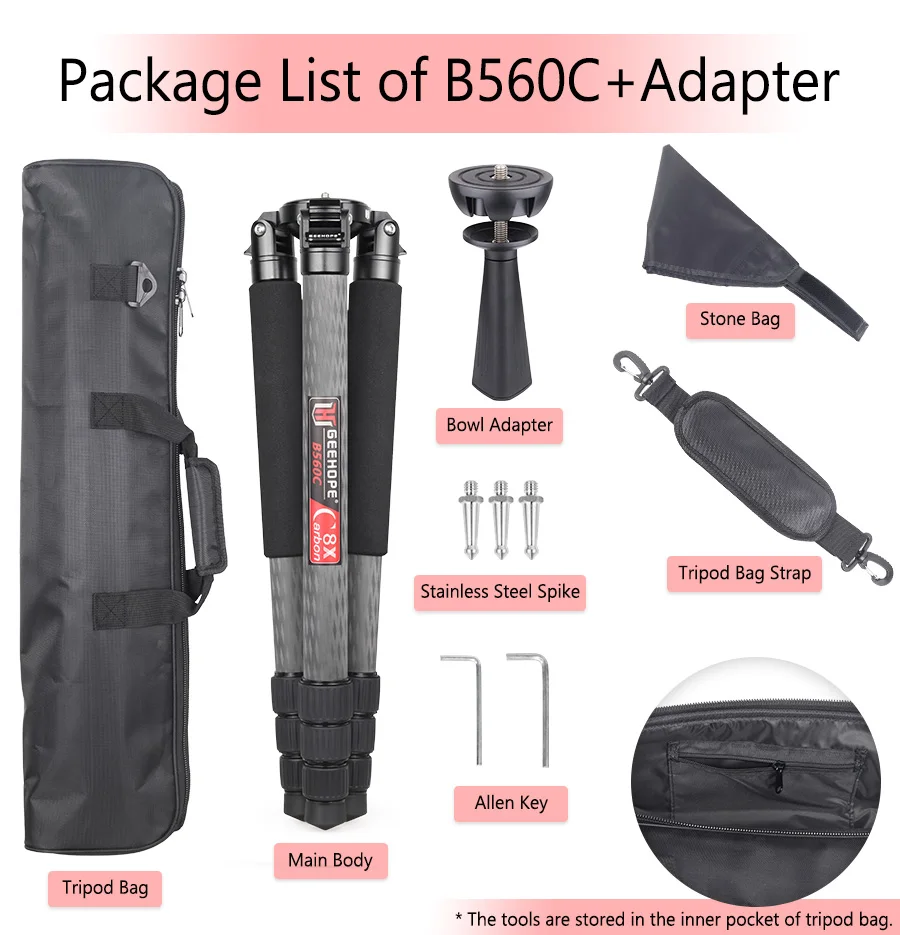 GEEHOPE B560C Professional Heavy Carbon Fiber Camera Tripod Super Stable Top Bird Watching Bracket 40mm Tube 30kg Max Load