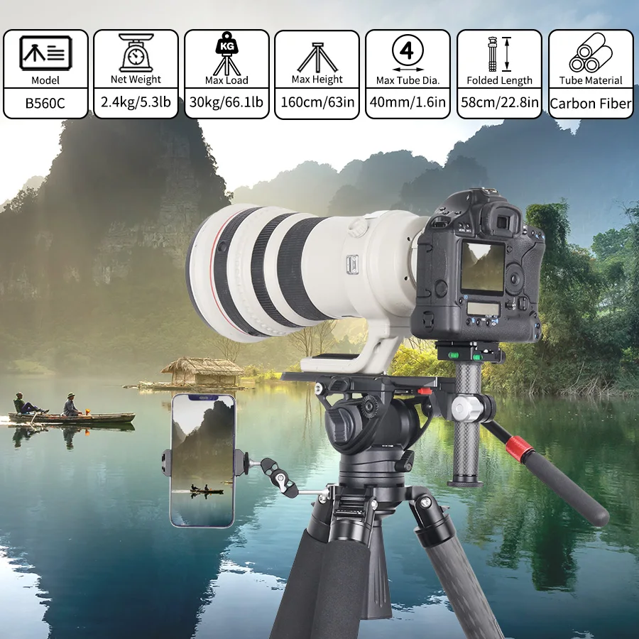 GEEHOPE B560C Professional Heavy Carbon Fiber Camera Tripod Super Stable Top Bird Watching Bracket 40mm Tube 30kg Max Load