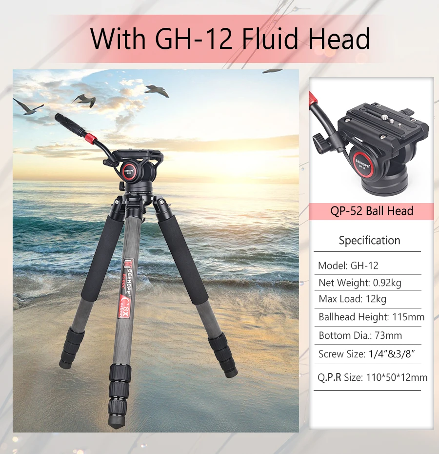 GEEHOPE B560C Professional Heavy Carbon Fiber Camera Tripod Super Stable Top Bird Watching Bracket 40mm Tube 30kg Max Load