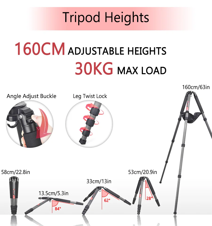 GEEHOPE B560C Professional Heavy Carbon Fiber Camera Tripod Super Stable Top Bird Watching Bracket 40mm Tube 30kg Max Load