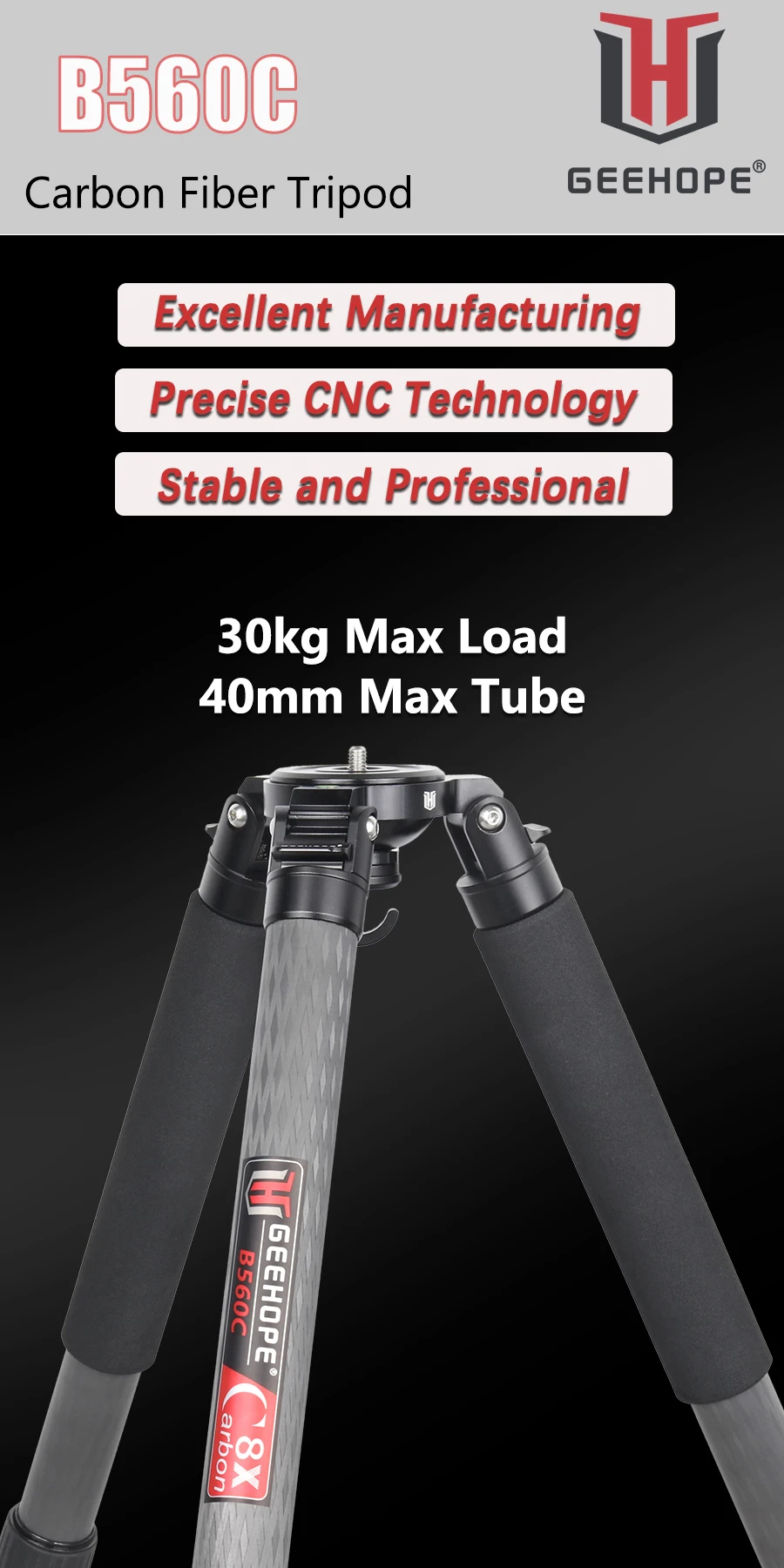 GEEHOPE B560C Professional Heavy Carbon Fiber Camera Tripod Super Stable Top Bird Watching Bracket 40mm Tube 30kg Max Load