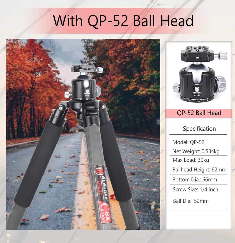 GEEHOPE B560C Professional Heavy Carbon Fiber Camera Tripod Super Stable Top Bird Watching Bracket 40mm Tube 30kg Max Load