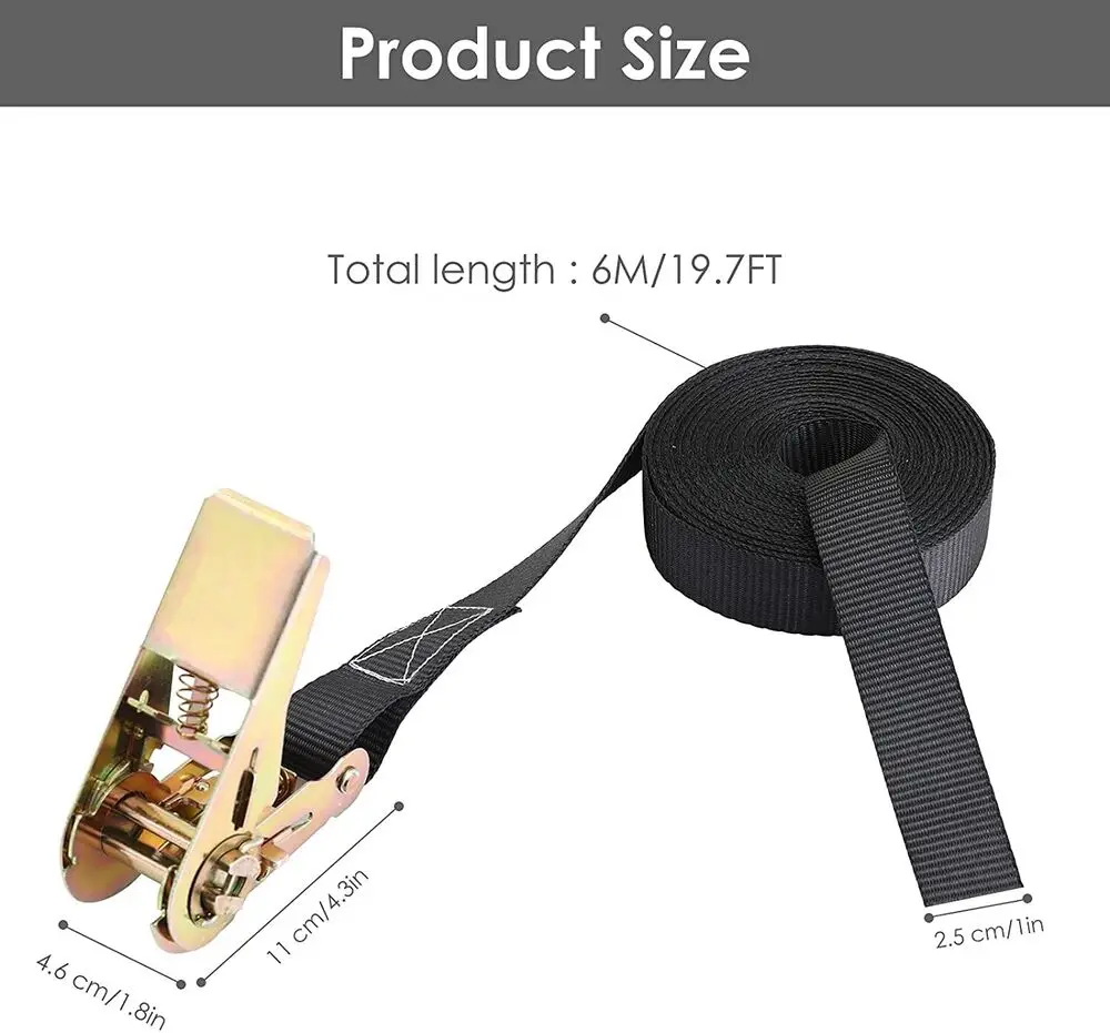 10PCS Ratchet Straps Lashing Ties, Tension Hard Straps 25mm/6m, 0.8t pull, polyester black, SGS TÜV