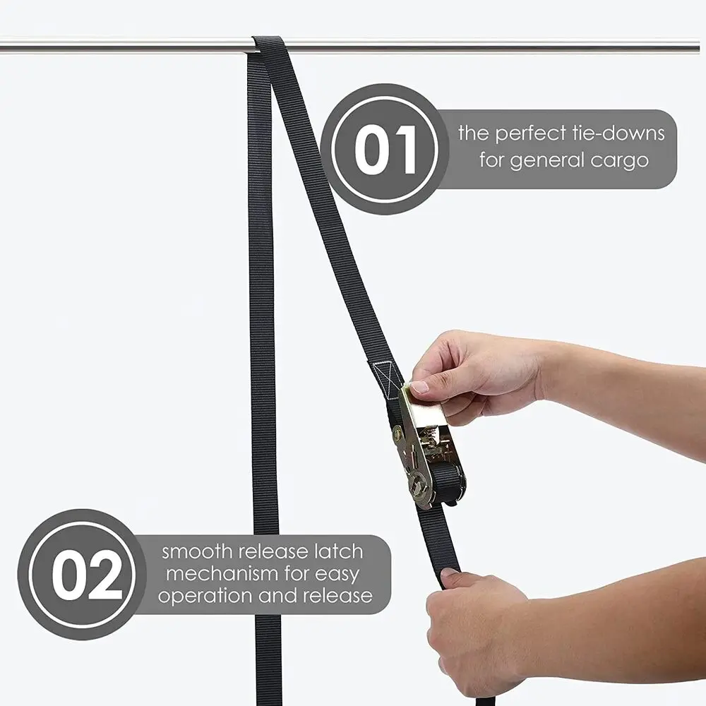 10PCS Ratchet Straps Lashing Ties, Tension Hard Straps 25mm/6m, 0.8t pull, polyester black, SGS TÜV