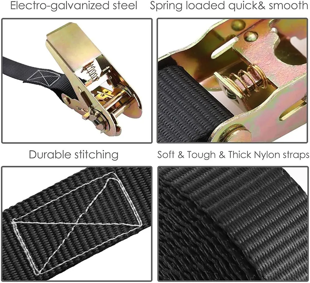 10PCS Ratchet Straps Lashing Ties, Tension Hard Straps 25mm/6m, 0.8t pull, polyester black, SGS TÜV