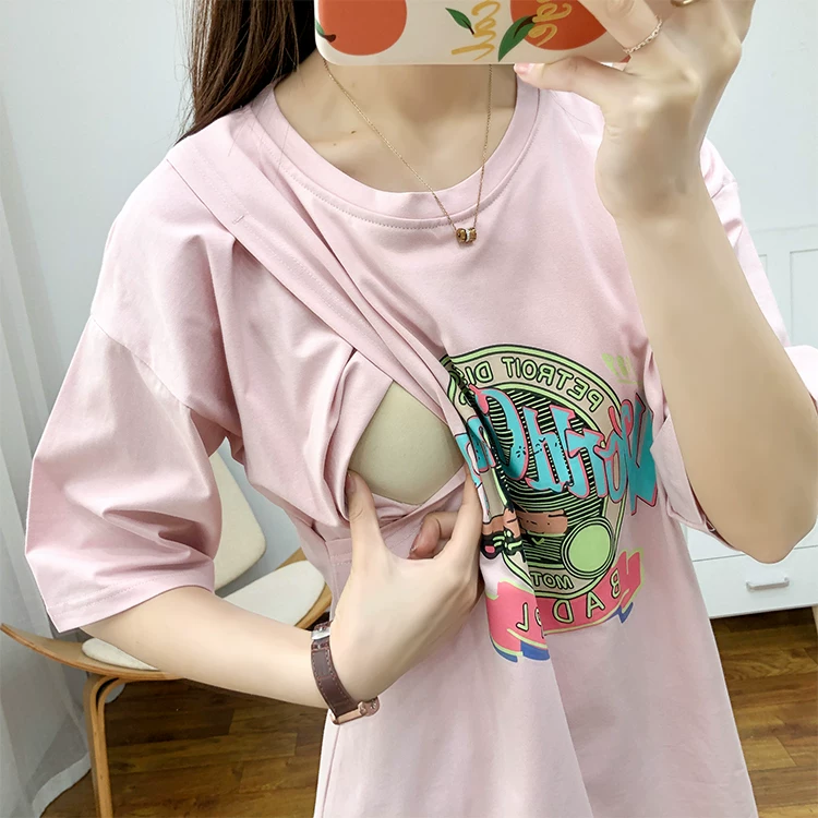Summer Women's Maternity Nursing Tops Casual Short Sleeve Side Pregnancy Breastfeeding Tshirt Solid Pregnant photoshoot Top