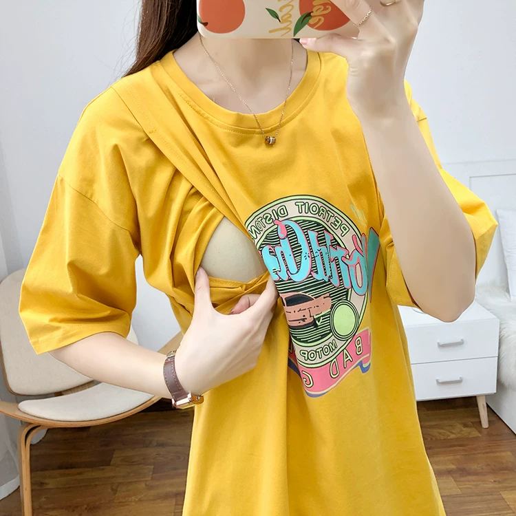 Summer Women's Maternity Nursing Tops Casual Short Sleeve Side Pregnancy Breastfeeding Tshirt Solid Pregnant photoshoot Top