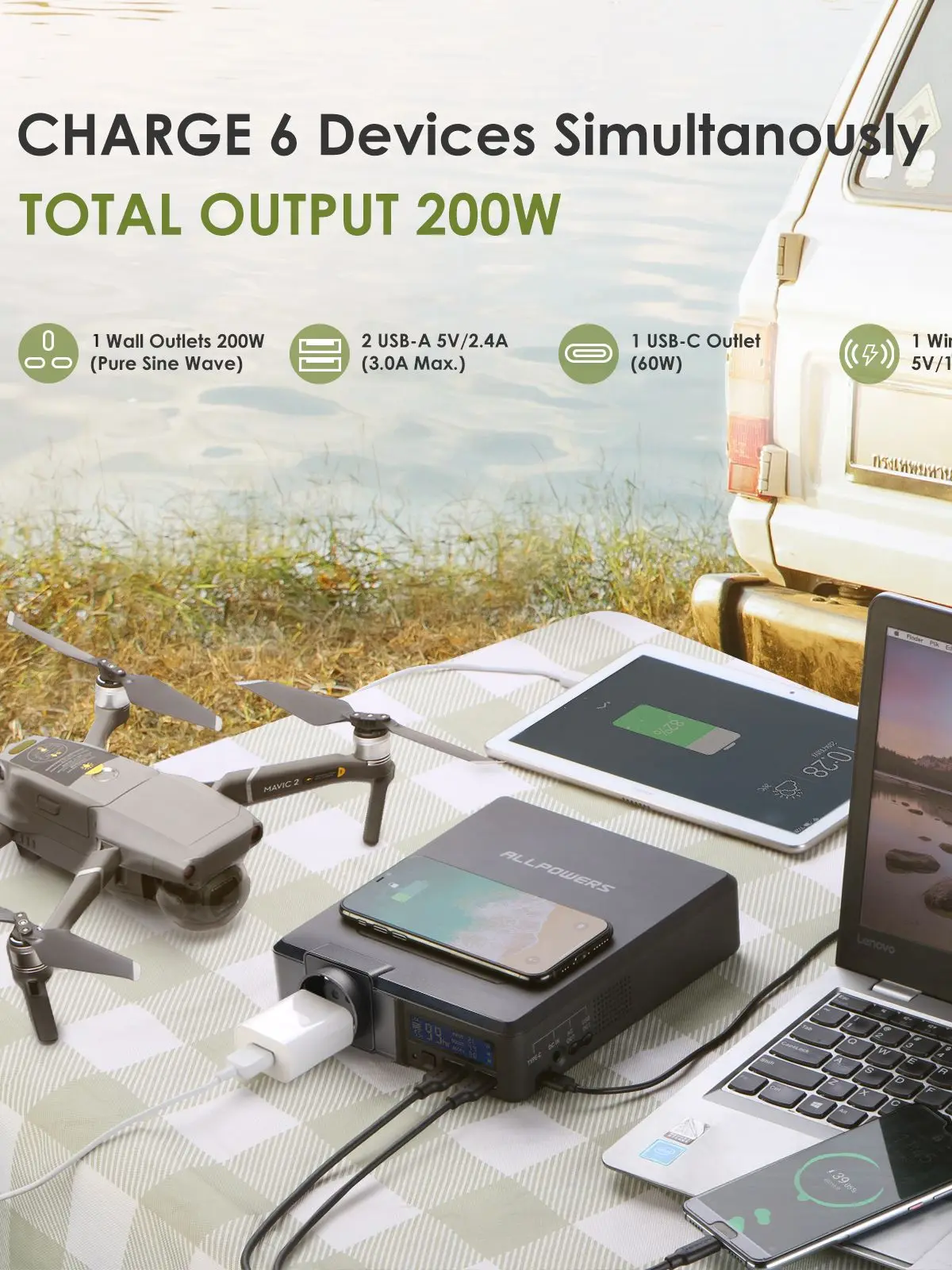 ALLPOWERS Solar Powerbank 41600mAh 200W Portable Powerstation with Solarpanel 60W，DC,USB,USB-C Output  for Camping Laptop Iphone