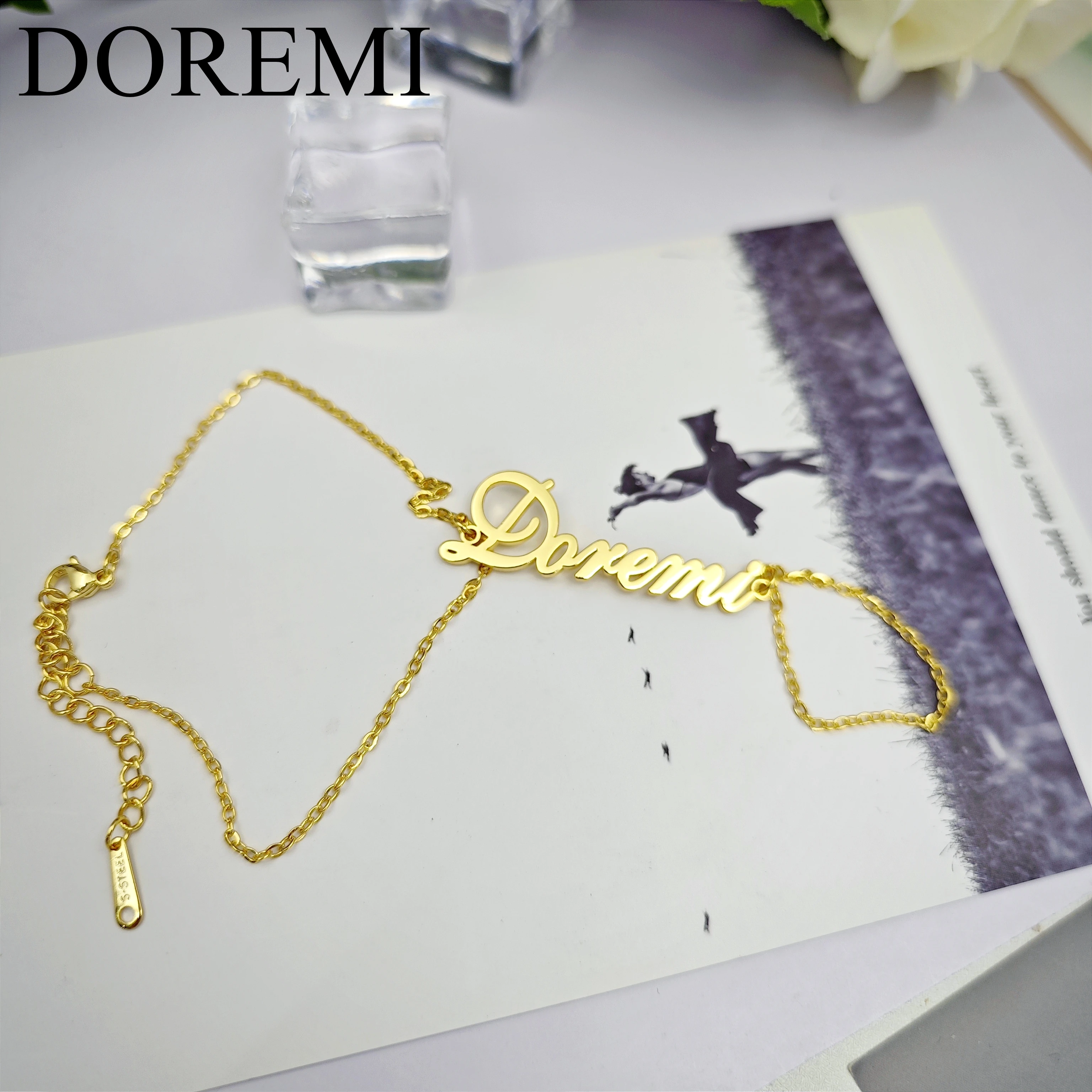 DOREMI Custom Name Thin Chain Bracelet Finger Chain Letters Ring Bracelet Girls Kids Jewelry Set Friendship Girls Bracelet