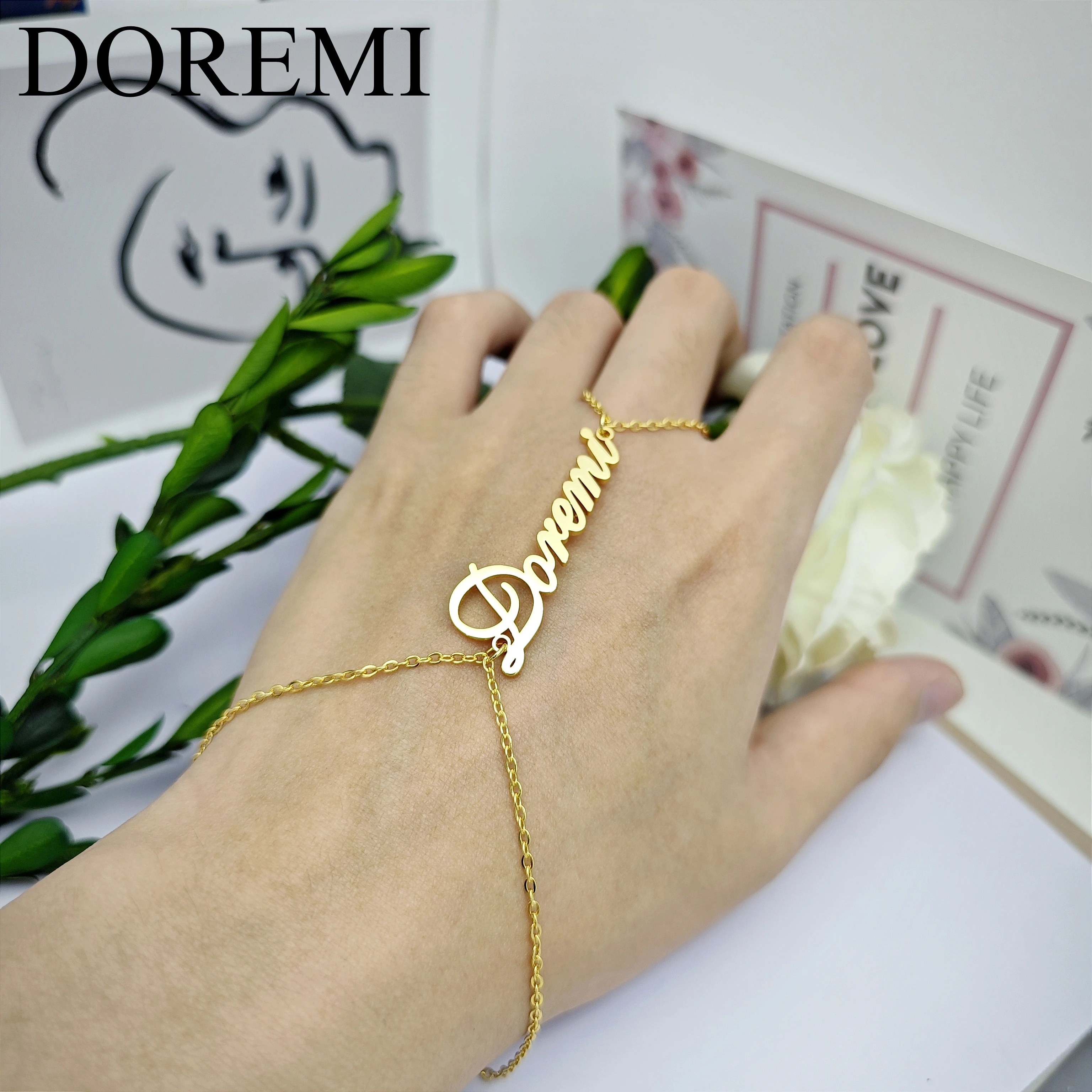 DOREMI Custom Name Thin Chain Bracelet Finger Chain Letters Ring Bracelet Girls Kids Jewelry Set Friendship Girls Bracelet