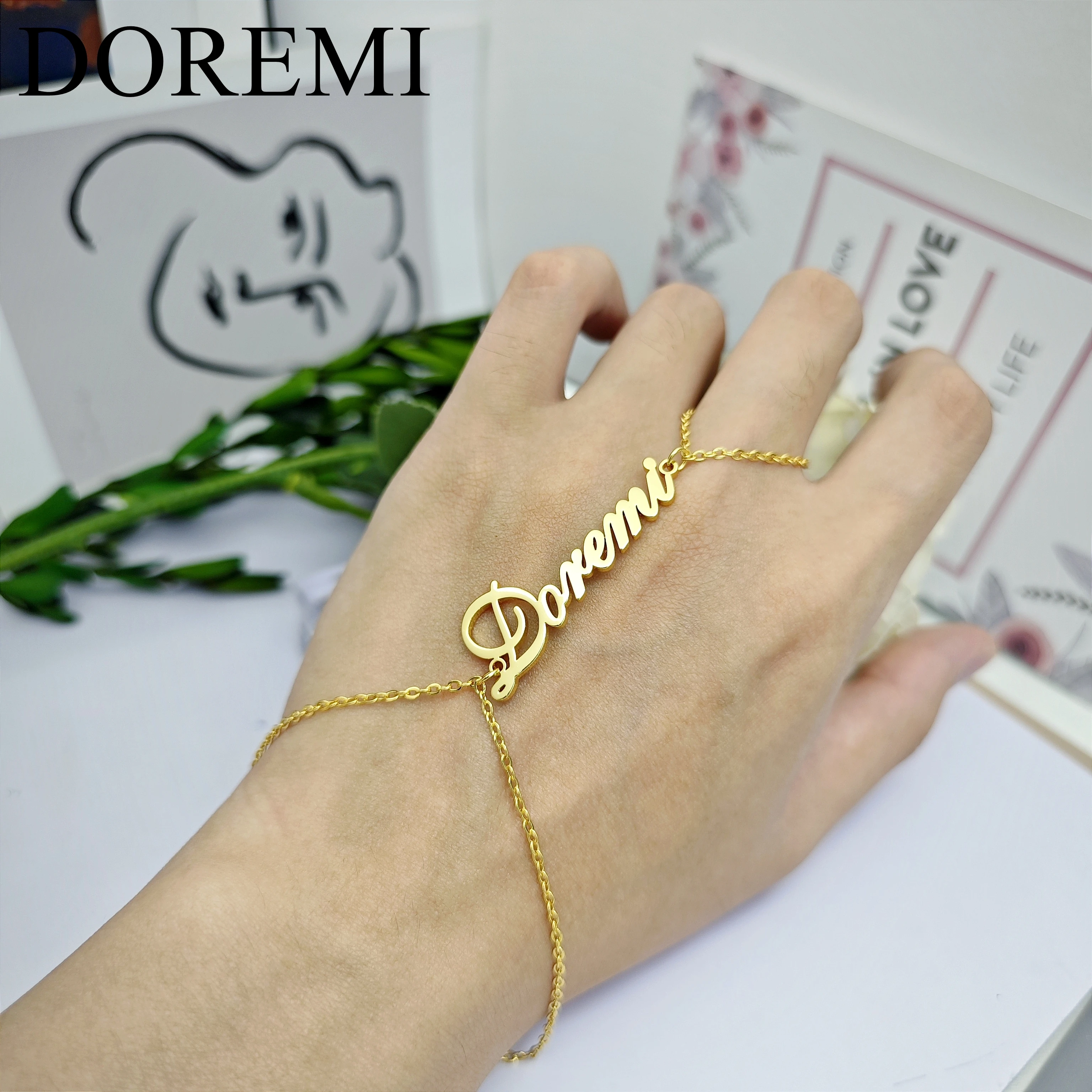 DOREMI Custom Name Thin Chain Bracelet Finger Chain Letters Ring Bracelet Girls Kids Jewelry Set Friendship Girls Bracelet