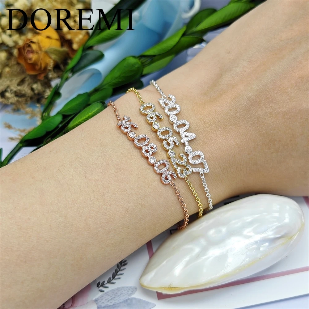 DOREMI Full Crystal 6MM Number Zircon Date Bracelet with Birthstone Initial Name Custom Jewelry Bracelet Women Girls Gift