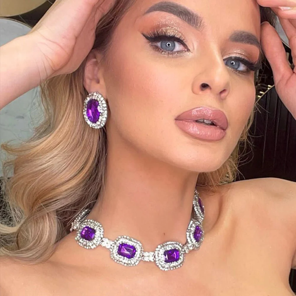Stonefans Rhinestone Purple Necklace Earrings Set Elegant Bride Wedding Vintage Bridal Jewelry High Quality Accessories Women