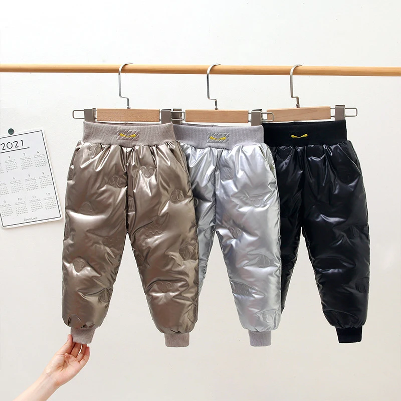 Girls Boys Winter Warm Down Pants Autumn Children Glossy Thickened Pants Boy Girl Down Trousers Kids Ski Down Padded Pants 2-10Y