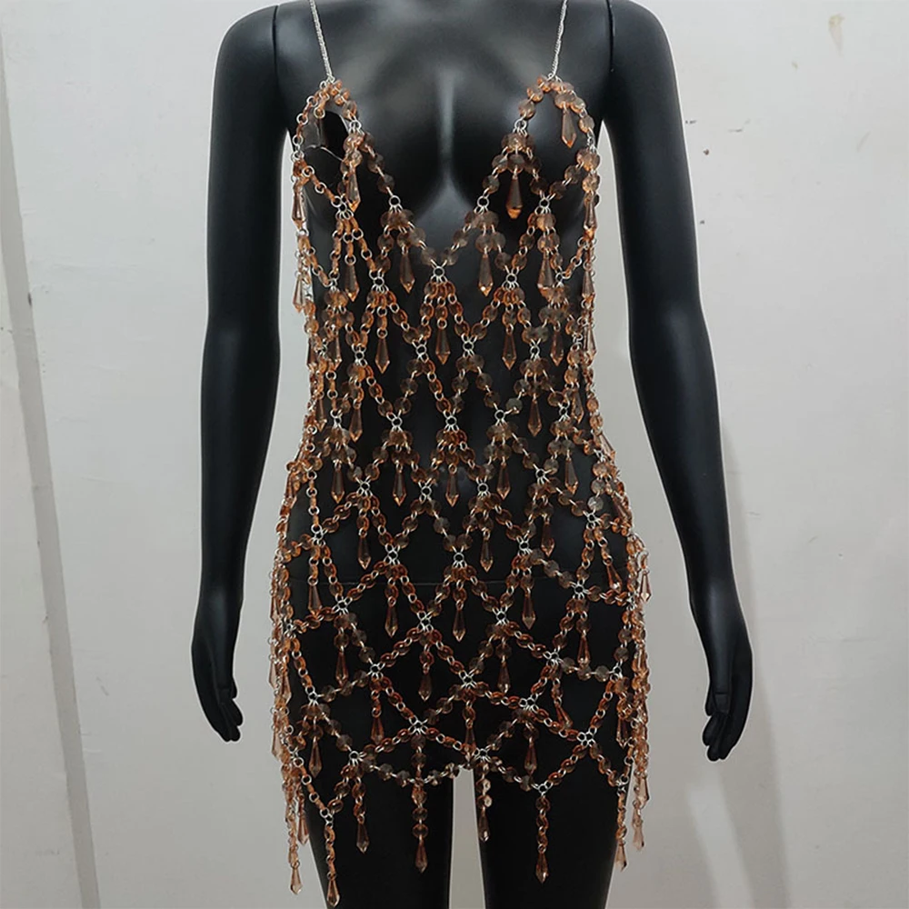 Fashion Mesh Dress Women 2024 Lingerie Women Bodysuit Hip Underwear Club Belly Bling Dance Jewelry Accessories Outfits Costume