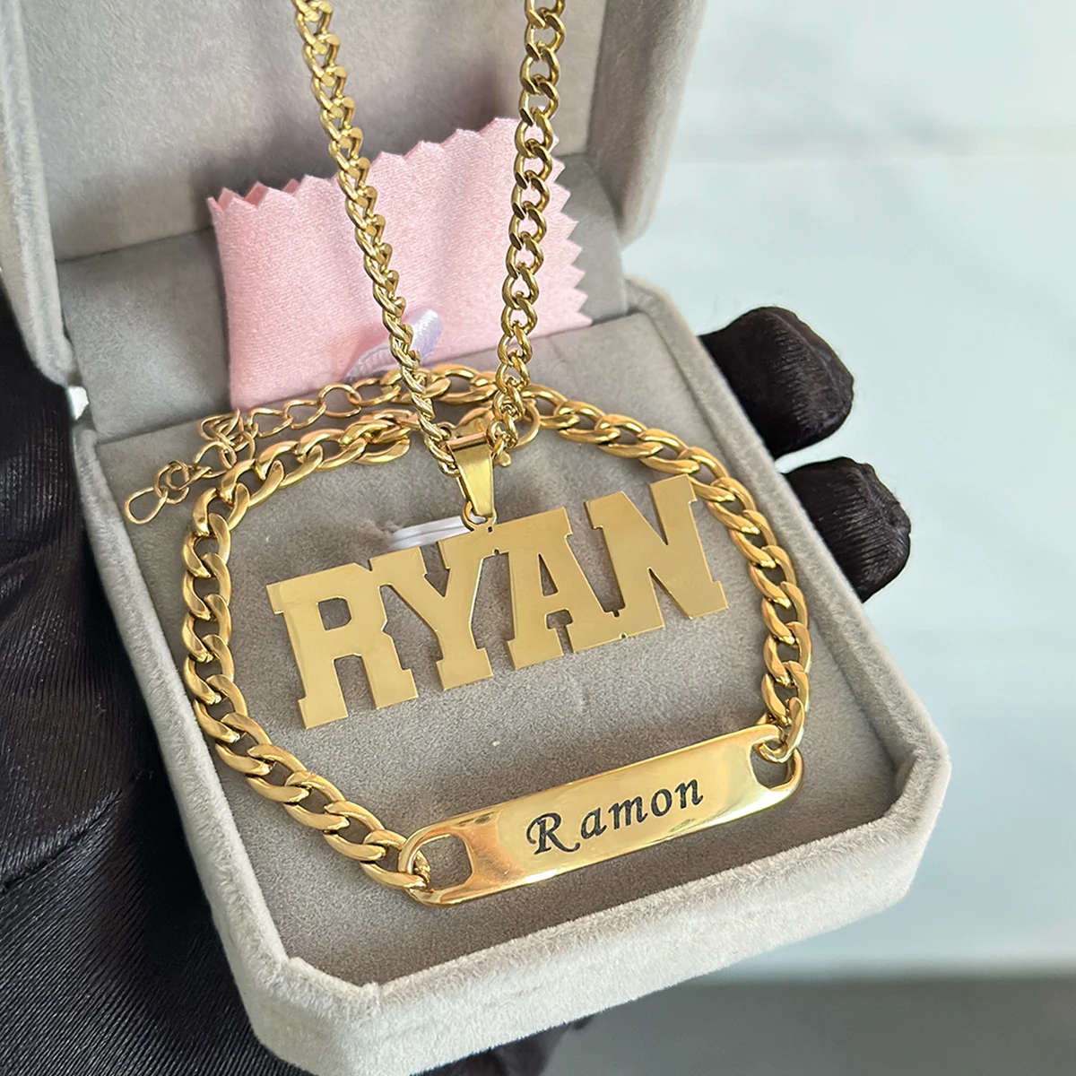 Original New Stainless Steel Name Set Jewelry Custom 18k Thick Cuban Name Pendant Necklace Carved Name Bracelet Children's Set
