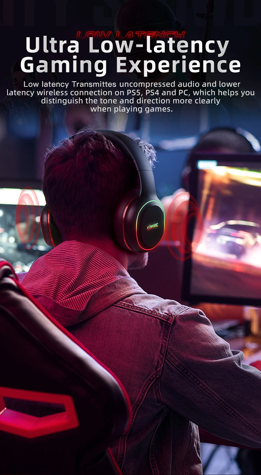 Kofire UG-05 Gaming Headphones 2.4G BT5.0 Wireless Headset With Mic RBG Light Vibration Bluetooth Earphone For PS4 PS5 PC Switch