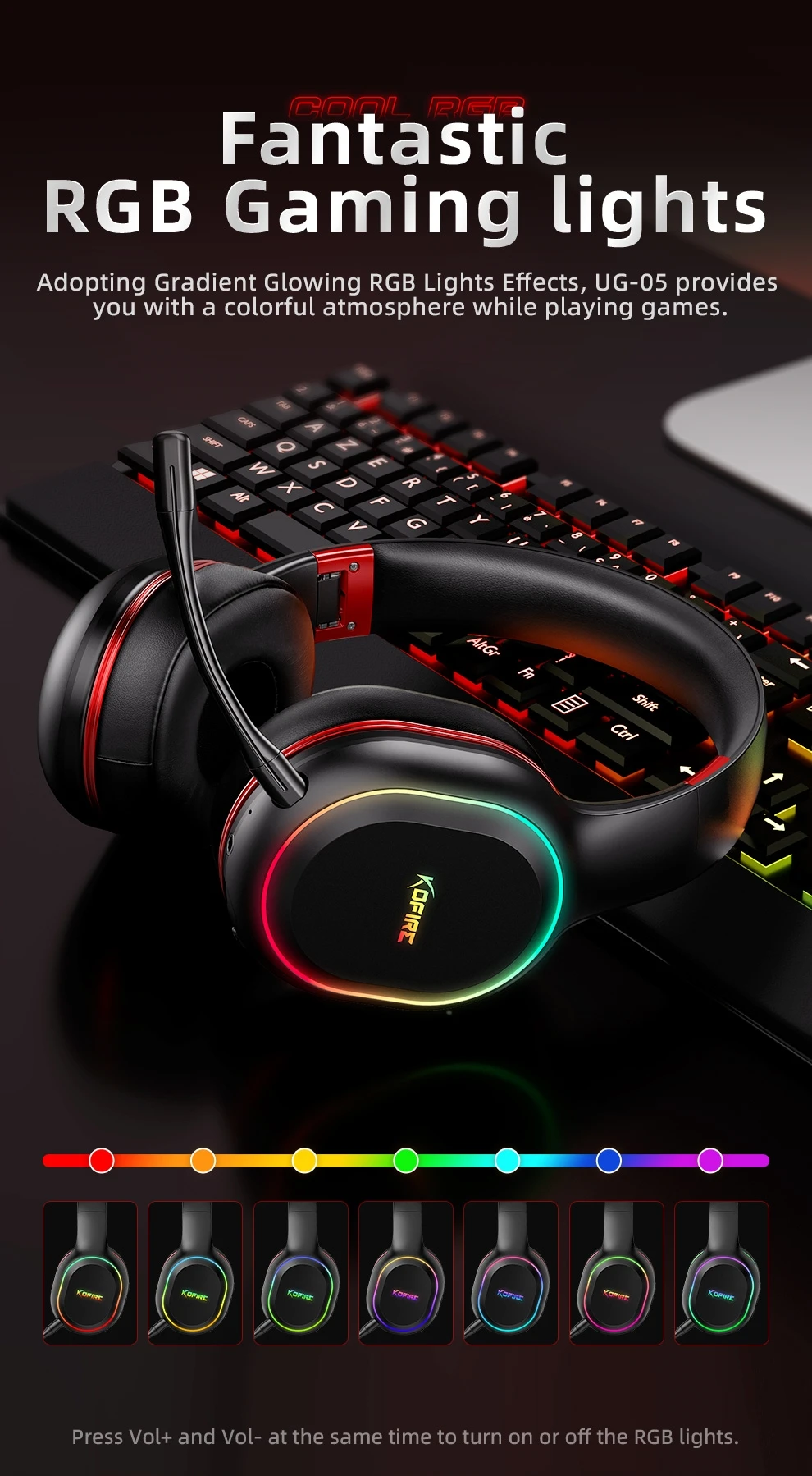 Kofire UG-05 Gaming Headphones 2.4G BT5.0 Wireless Headset With Mic RBG Light Vibration Bluetooth Earphone For PS4 PS5 PC Switch