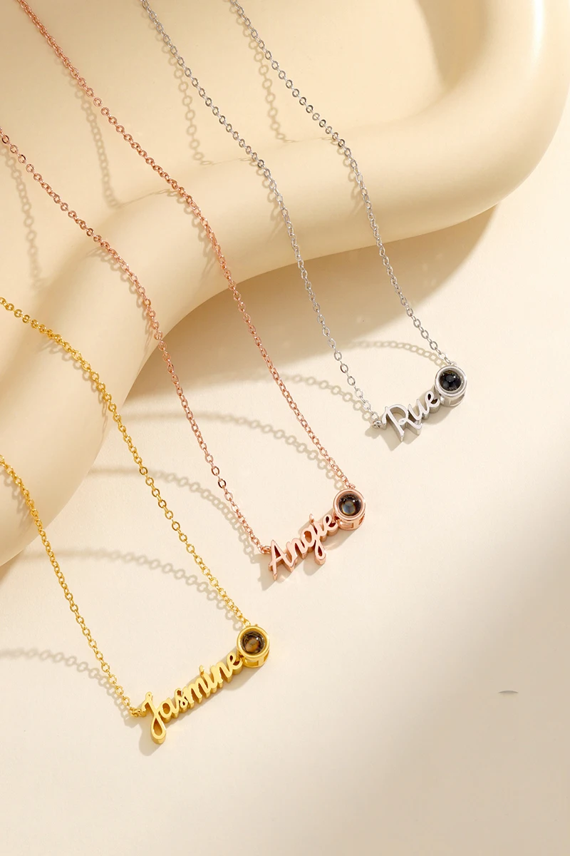 Custom Name Necklace with Photo Projection Stainless Steel Chain Personalized Gift for Mom Daughter Her Valentine Day