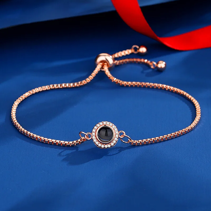 Custom Photo Projection Bracelet Valentines Couple Gifts Adjustable Chain Flowers Pendant Stainless Steel Bracelets For Women