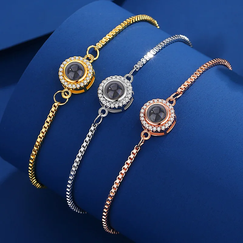 Custom Photo Projection Bracelet Valentines Couple Gifts Adjustable Chain Flowers Pendant Stainless Steel Bracelets For Women