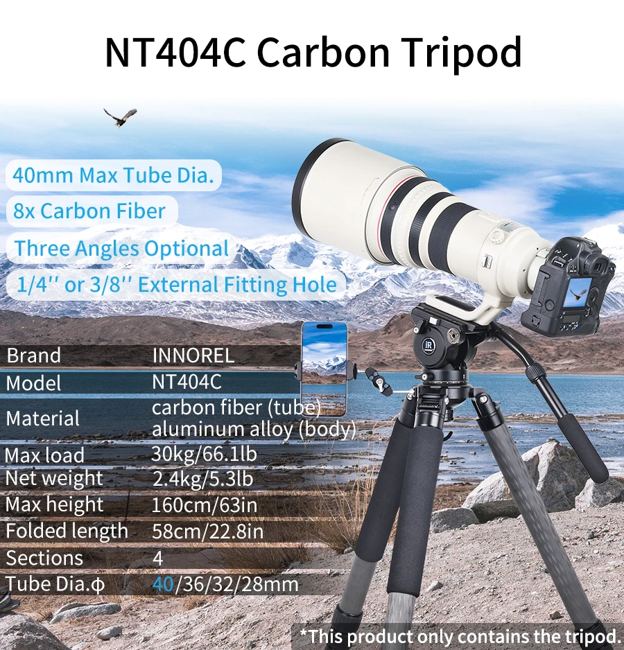 INNOREL NT404C Professional Heavy Camera Tripod 40mm Tube 30kg Maxload Bowl Tripod Super Stable Top Bird Watching Camera Bracket