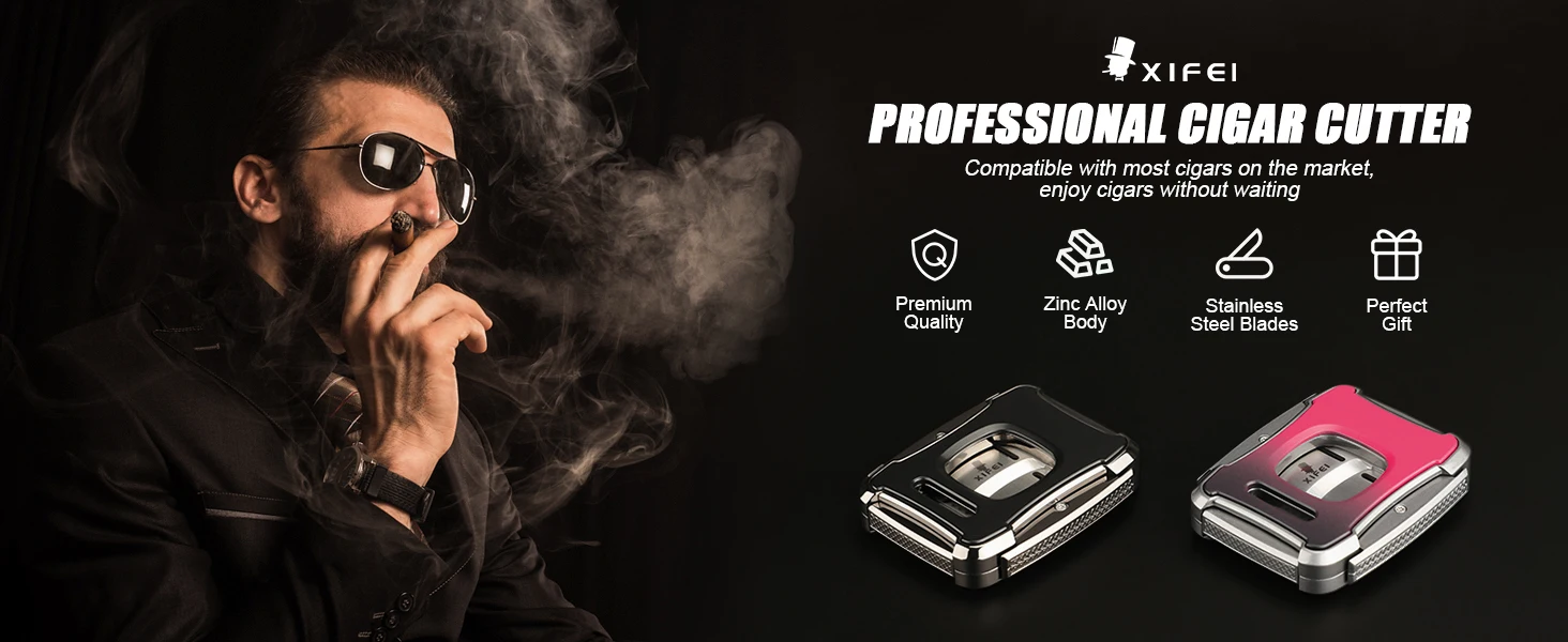 XIFEI Cigar Cutter Guillotine Stainless Steel Double Blade Cigar Clippers Straight Cut Ergonomic Design Secure-Lock