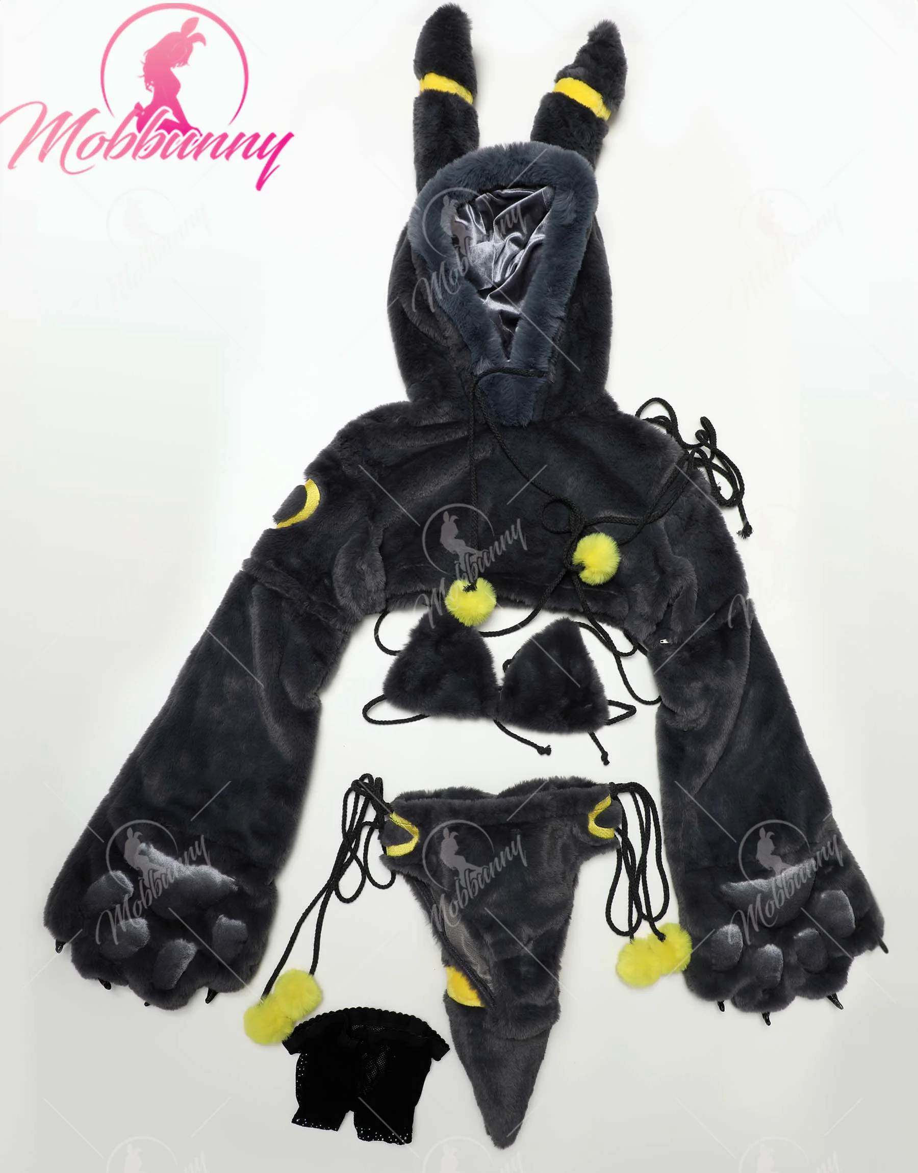 Mobbunny PM Derivative Furry Paw Women's Sexy Lingerie Kawaii Plush Homewear Paw Gloves Hoodie Top and Bra Panty with Stockings