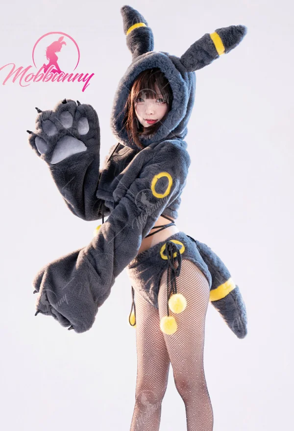 Mobbunny PM Derivative Furry Paw Women's Sexy Lingerie Kawaii Plush Homewear Paw Gloves Hoodie Top and Bra Panty with Stockings