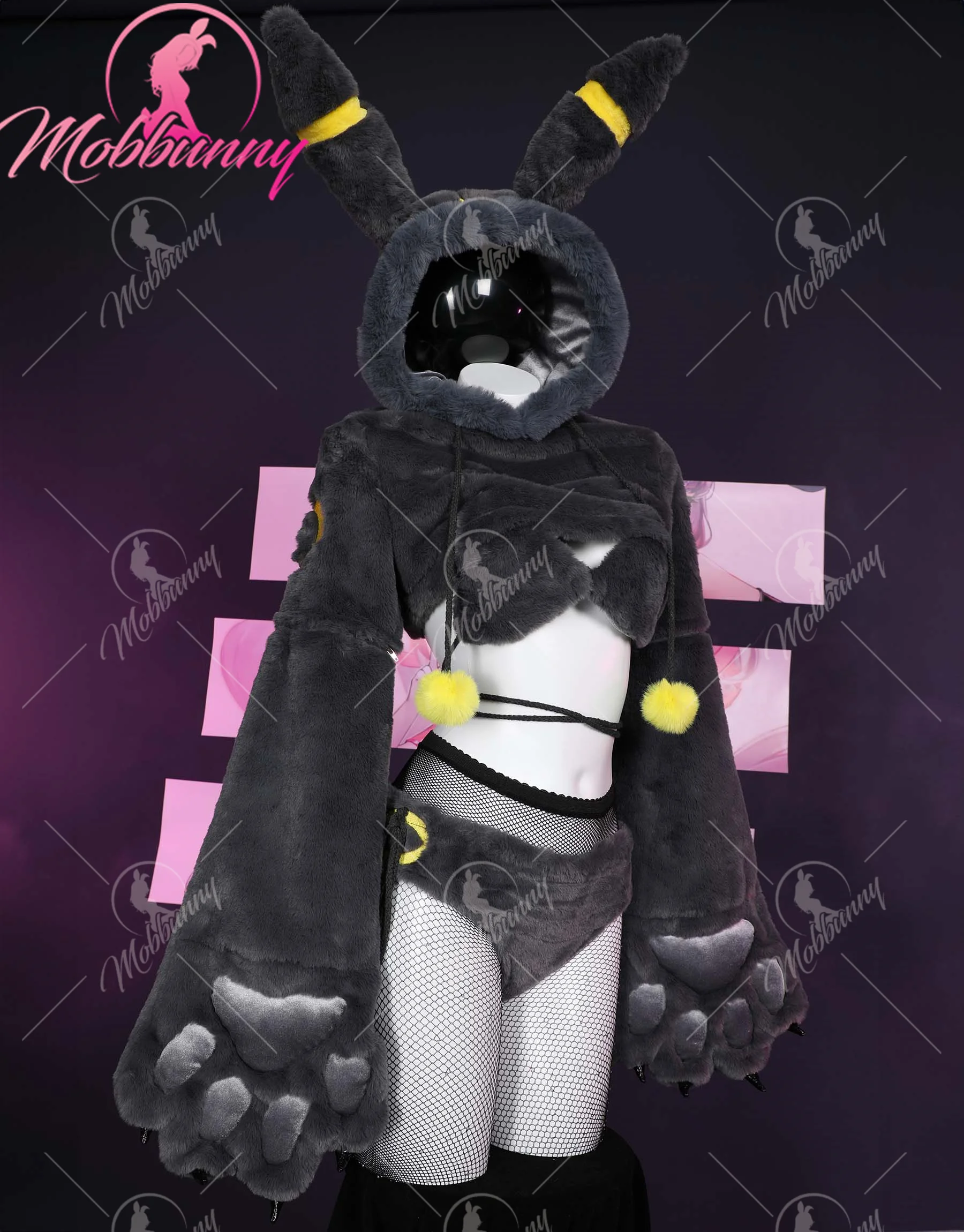 Mobbunny PM Derivative Furry Paw Women's Sexy Lingerie Kawaii Plush Homewear Paw Gloves Hoodie Top and Bra Panty with Stockings