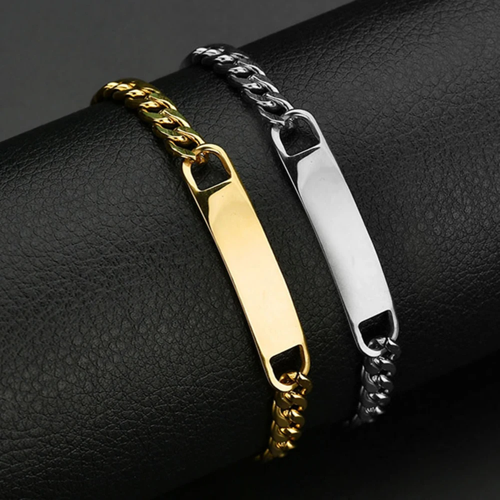 Custom Logo Name Engrave Bracelet Personalized Nameplate Stainless Steel Thick Hand Chain Custom Couple Men Women Jewelry Gift