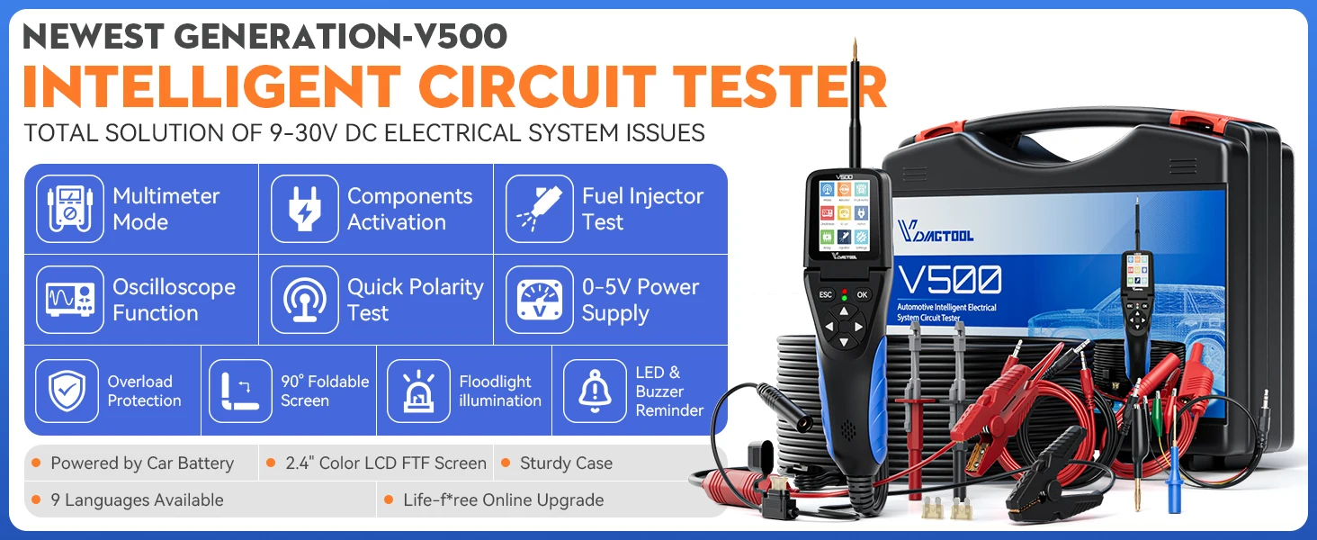 VDIAGTOOL V200pro V500 Automotive Power Circuit Probe 9-30V Car Electric Circuit Tester Oscilloscope/Injector/Relay Test