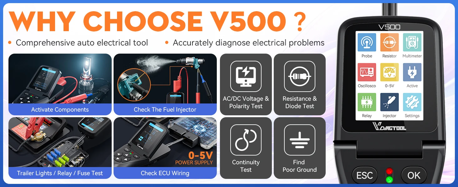 VDIAGTOOL V200pro V500 Automotive Power Circuit Probe 9-30V Car Electric Circuit Tester Oscilloscope/Injector/Relay Test