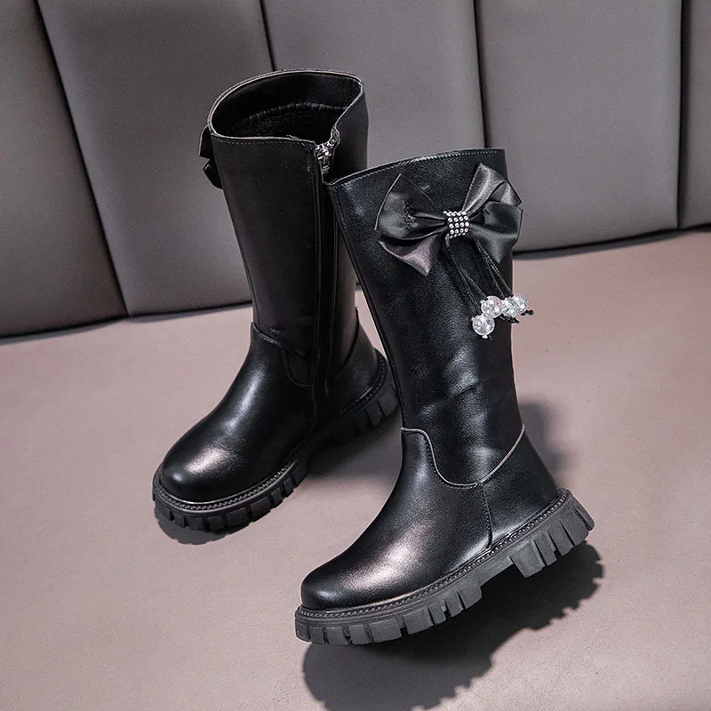 Girls Boots Zip Kids Knee High Non-Slip Plush Long Snow Boots for Girls High Leather Boots Winter Fashion Boot Princess Shoes