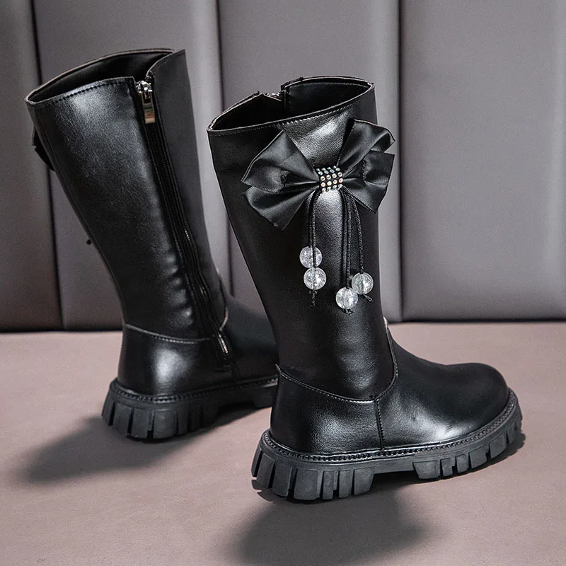 Girls Boots Zip Kids Knee High Non-Slip Plush Long Snow Boots for Girls High Leather Boots Winter Fashion Boot Princess Shoes