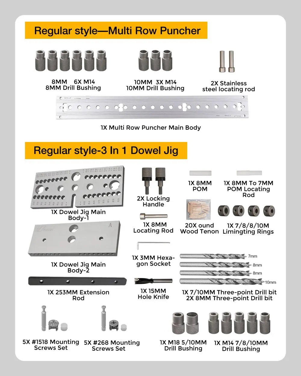 ENJOYWOOD 3 In 1 Dowel Jig Woodworking Hole Puncher Drill Guide Positioning Hole Opener DIY Drilling Guide 7/8/10MM M14 M18